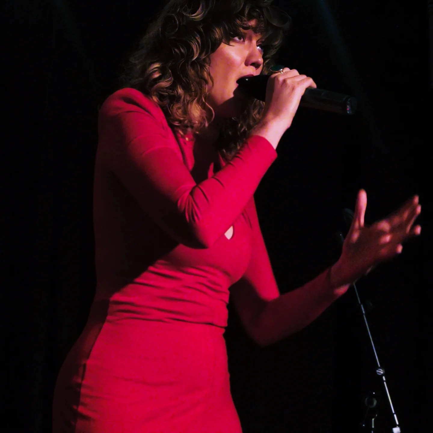 Olga Botsi singing live on stage with a handheld microphone